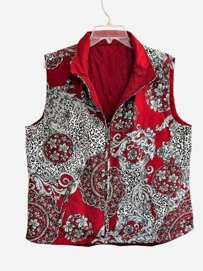 Casual Identity Reversible Quilted Vest Red Gray Paisley – Size XL